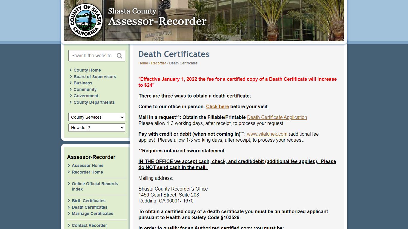 Shasta County Recorder - Death Certificates